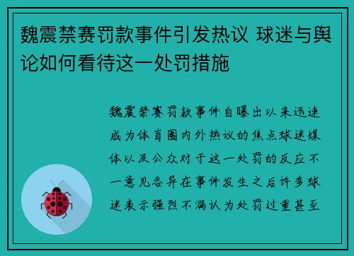 魏震禁赛罚款事件引发热议 球迷与舆论如何看待这一处罚措施 魏震禁赛罚款事件引发热议 球迷与舆论如何看待这一处罚措施