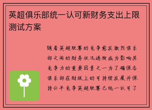 英超俱乐部统一认可新财务支出上限测试方案 英超俱乐部统一认可新财务支出上限测试方案