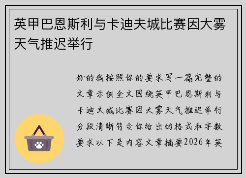 英甲巴恩斯利与卡迪夫城比赛因大雾天气推迟举行 英甲巴恩斯利与卡迪夫城比赛因大雾天气推迟举行